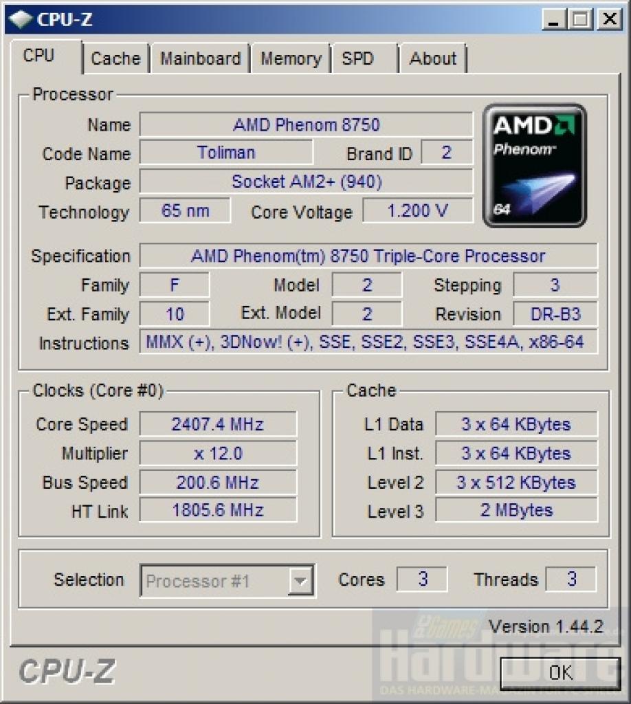 [22/04/2008] AMD Phenom X3 8750: drei Kerne à 2,4 GHz und 3x 512 KiByte Level-2-Cache (Bild: PCGH)