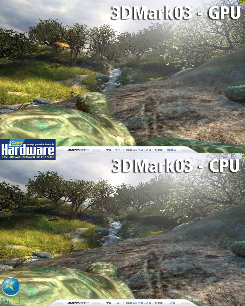 [05/04/2008] 3DMark03: Der Swiftshader filtert nur bilinear, der Rest der Szenerie sieht aber aus wie auf einer Grafikkarte gerendert. (Bild: PCGH) - Mehr Bilder in der Galerie
