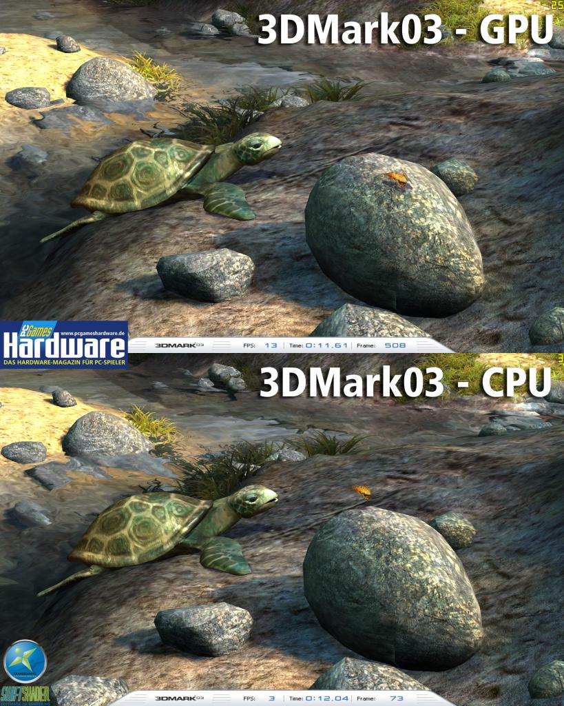 [05/04/2008] 3DMark03: Der Swiftshader filtert nur bilinear, der Rest der Szenerie sieht aber aus wie auf einer Grafikkarte gerendert. (Bild: PCGH)