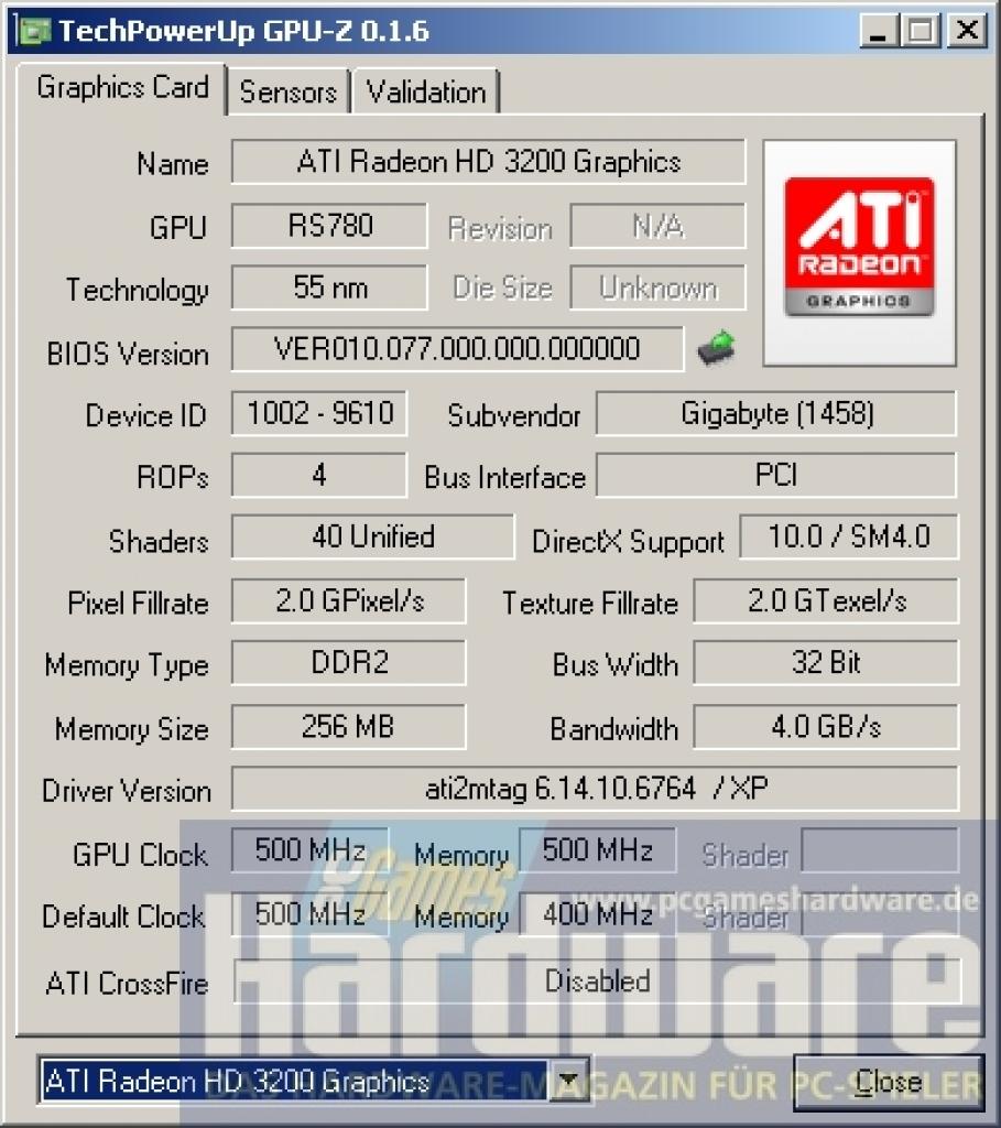 [29/04/2008] Die integrierte Grafikeinheit Radeon HD 3200 arbeitet serienmäßig mit 500 MHz, 40 Shader-Einheiten und vier ROPs. (Bild: PCGH)