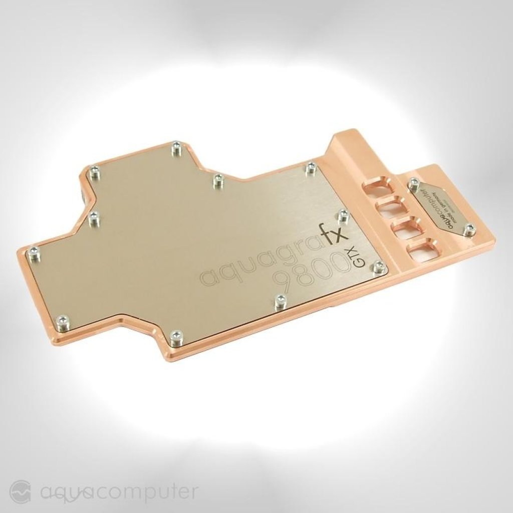 [15/04/2008] aquagrafx 9800GTX: Vorderseite mit Deckel aus gebürstetem Edelstahl (Bild:aqua-computer-systeme.de)