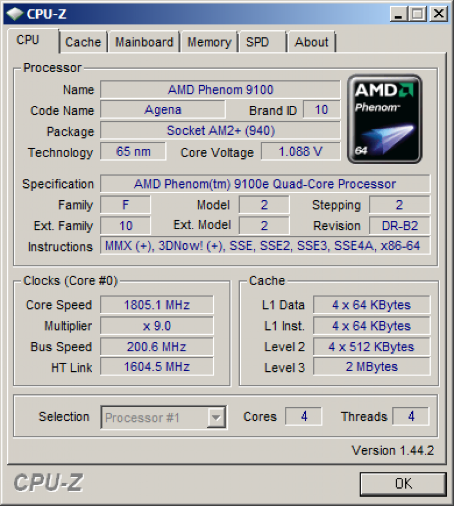 [18/04/2008] Auch der CPU-Z-Shot zeigt das B2-Stepping. Kurios: Der HT-Link wird mit 1,6 GHz ausgelesen, laut Datenblatt muss er aber bei 1,8 GHz liegen.