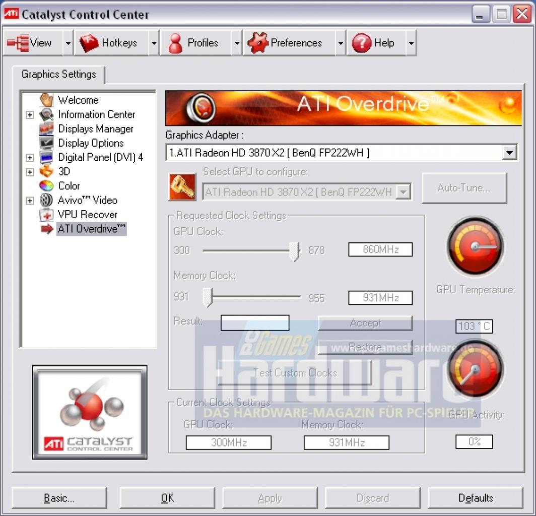 [18/04/2008] Das Catalyst-Control-Center offenbart die Taktraten - bei der Temperatur gibt es möglicherweise einen Auslesefehler.