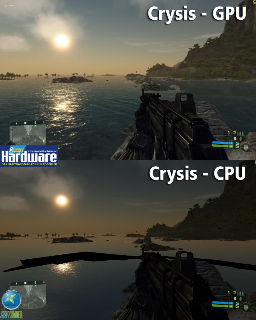 [05/04/2008] [bCrysis: Der Swiftshader filtert nur bilinear, der Rest der Szenerie sieht aber fast aus wie auf einer Grafikkarte gerendert. (Bild: PCGH)