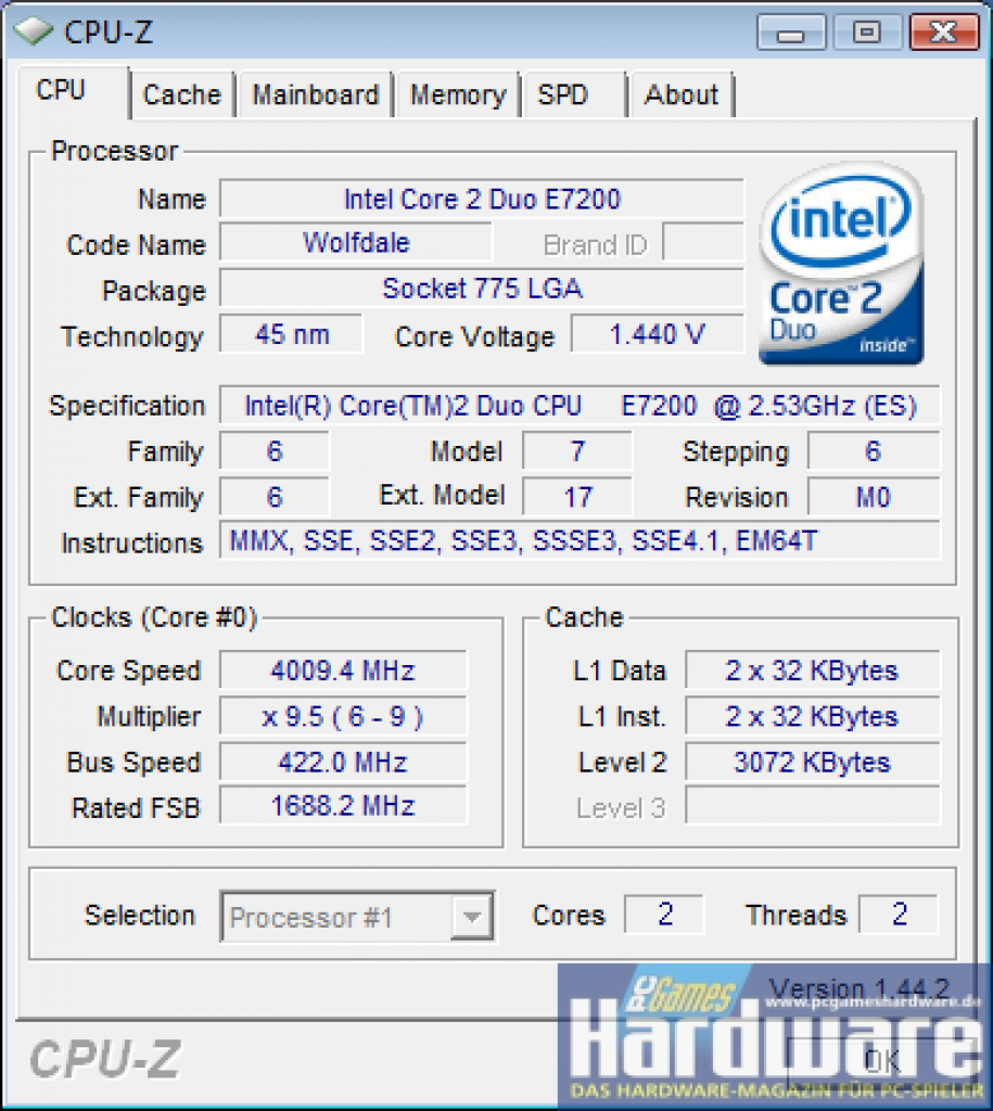 [22/04/2008] E7200: CPU-Z-Shot mit 4 GHz (lief allerdings nicht stabil)