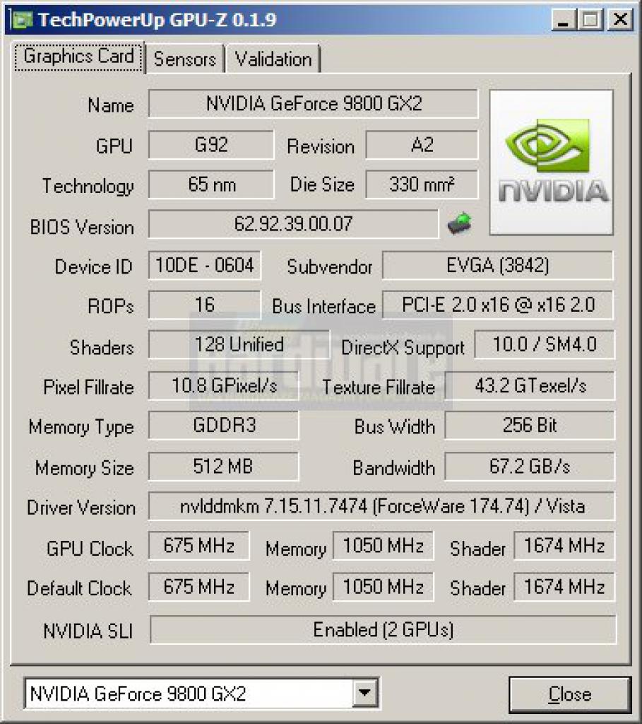 [14/04/2008] Evga e-Geforce 9800 GX2 SSC in GPU-Z 0.1.9. Alle Daten inklusive der erhöhten Taktraten werden angezeigt.