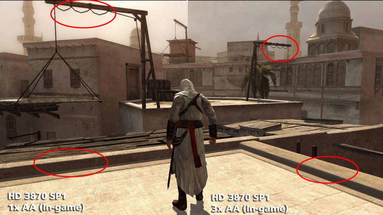 [21/04/2008] Assassin's Creed HD 3870: Due to Service Pack 1 and D3D 10.1 Anti Aliasing effects more areas than it would without SP1.