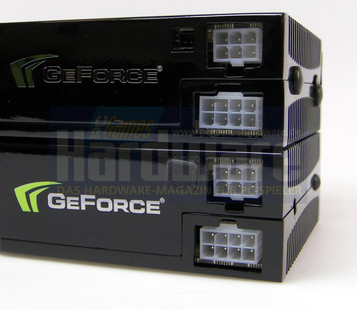 [14/04/2008] Evga e-Geforce 9800 GX2 SSC (oben): Im Vergleich zum Referenzdesign wurde die Aussparung für den achtpoligen Netzteilanschluss vergrößert, sodass Stecker nun besser passen.