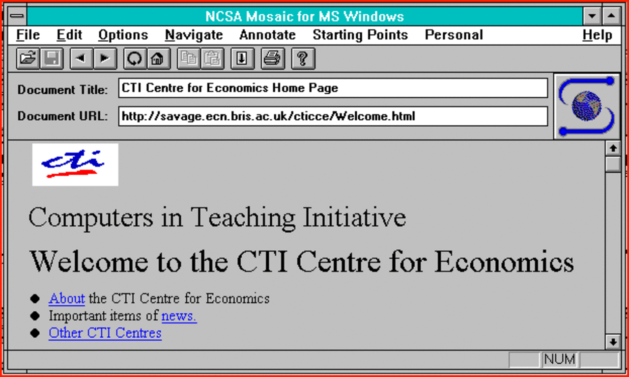[18/04/2008] Revolution: Bilder und Text im NCSA Mosaic, hier eine frühe Windows-Version (Bild: economicsnetwork.ac.uk)