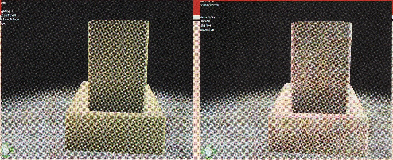 [07/04/2008] Links: Hier sehen Sie ein Podest ohne Textur. Es wirkt sehr künstlich. Rechts: Mit einer Marmor-Textur nimmt das Podest ein realistisches Aussehen an.