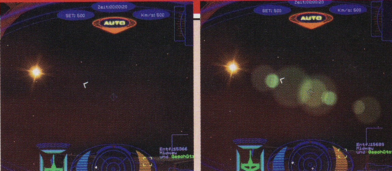 [07/04/2008] Links: Die Sonne scheint zwar, spiegelt sich aber nicht auf dem Cockpit. Rechts: Mit aktivierten Lens Flures wird echtes Sonnenfeeling vermittelt.