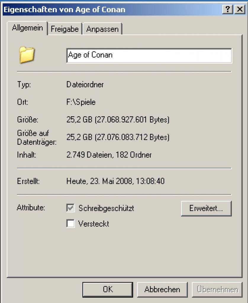 [23/05/2008] Age of Conan: Ohne, dass das Spiel auch nur ein einziges Mal gestartet wurde, belegt es bereits über 25 GB auf der Festplatte.