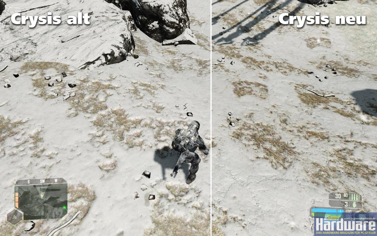 [20/05/2008] Im Forum von Crymod sind erste Bilder eines geplanten Texturmods für Crysis aufgetaucht. Bei den Texturen sieht man sowohl eine erhöhte Sättigung als auch einen besseren Kontrast. Außerdem sind zusätzliche Details erkennbar wie Strukturen am Boden oder an Wänden. Crytek selbst arbeitet an einem offiziellen Texturupdate, das noch dieses Jahr erscheinen soll.