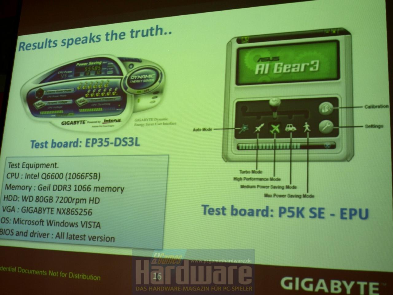 [16/05/2008] Die Präsentation von Gigabyte vergleicht die eigene DES-Technik mit dem EPU-System von Asus - inklusive heftiger Anschuldigugngen. (Bild: PCGH)