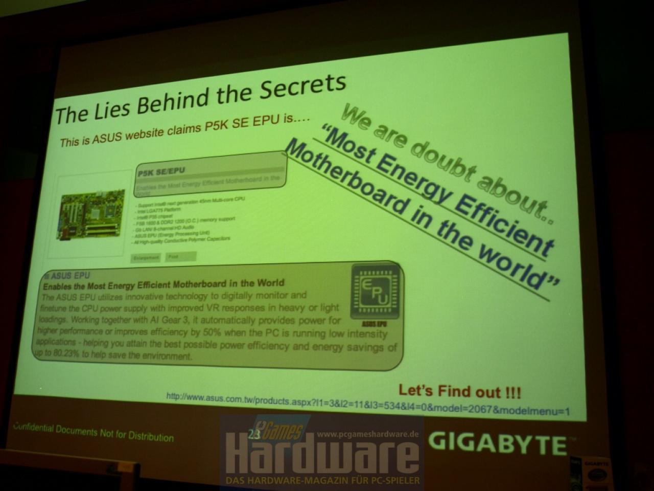[16/05/2008] Die Präsentation von Gigabyte vergleicht die eigene DES-Technik mit dem EPU-System von Asus - inklusive heftiger Anschuldigugngen. (Bild: PCGH)