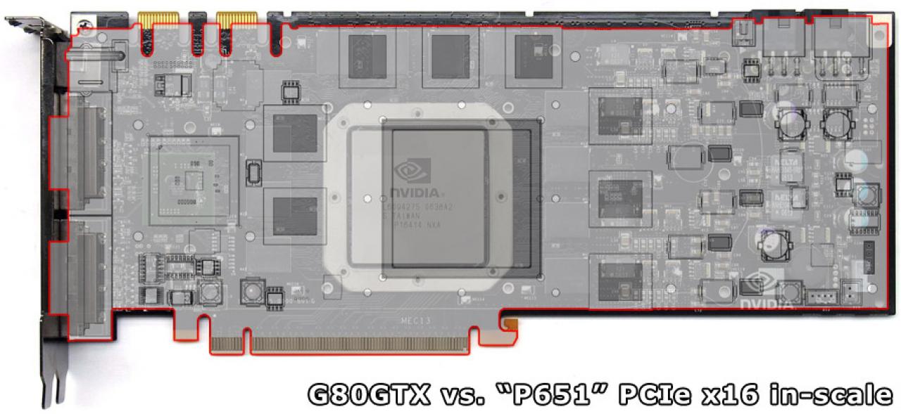[11/05/2008] Overlay des 3D-Models der 9900 GTX auf ein G80-PCB. (Bild: xtreme-systems.org)
