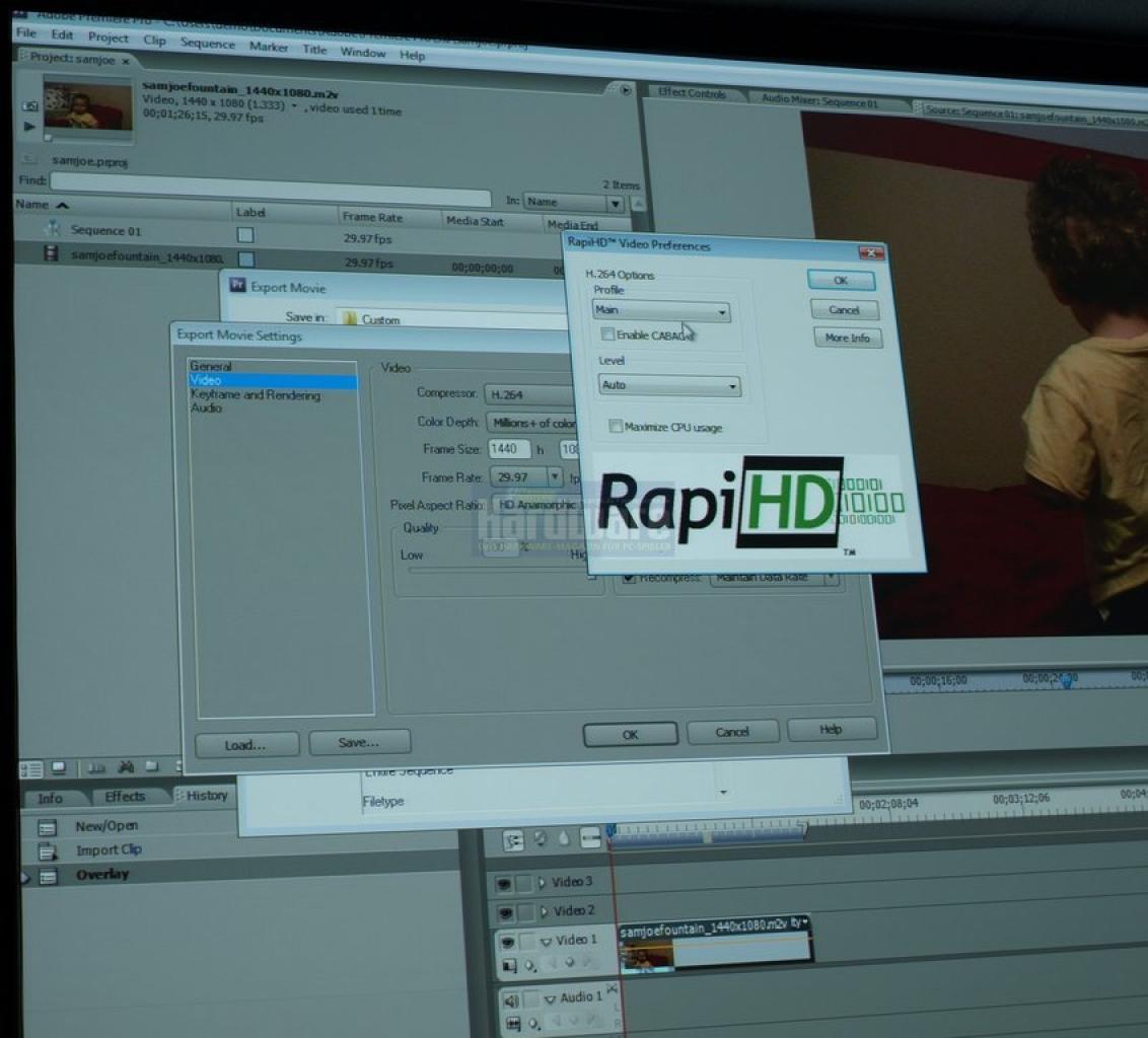[29/05/2008] Video-Transcoding auf der GPU: Live-Demo mit Adobe-Premiere Plug-In RapidHD - High-Profile und CABAC-Encoding sollen folgen (Bild: PCGH)