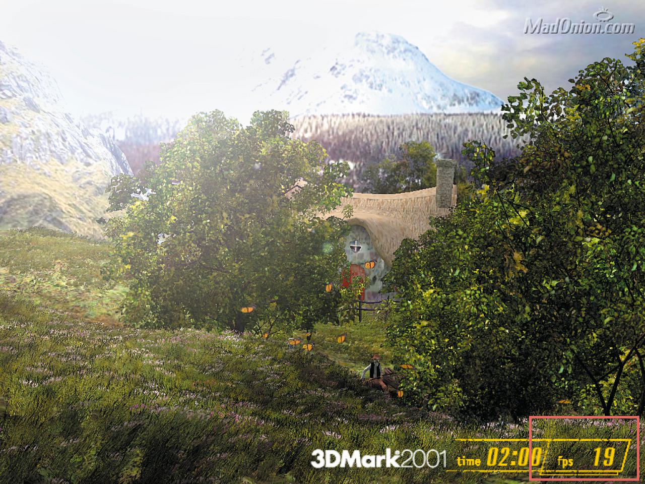 [07/05/2008] FPS Die Anzeige im 3DMark2001 verdeutlicht, dass diese Szene nur mit 19 Bildern pro Sekunde dahin ruckelt.