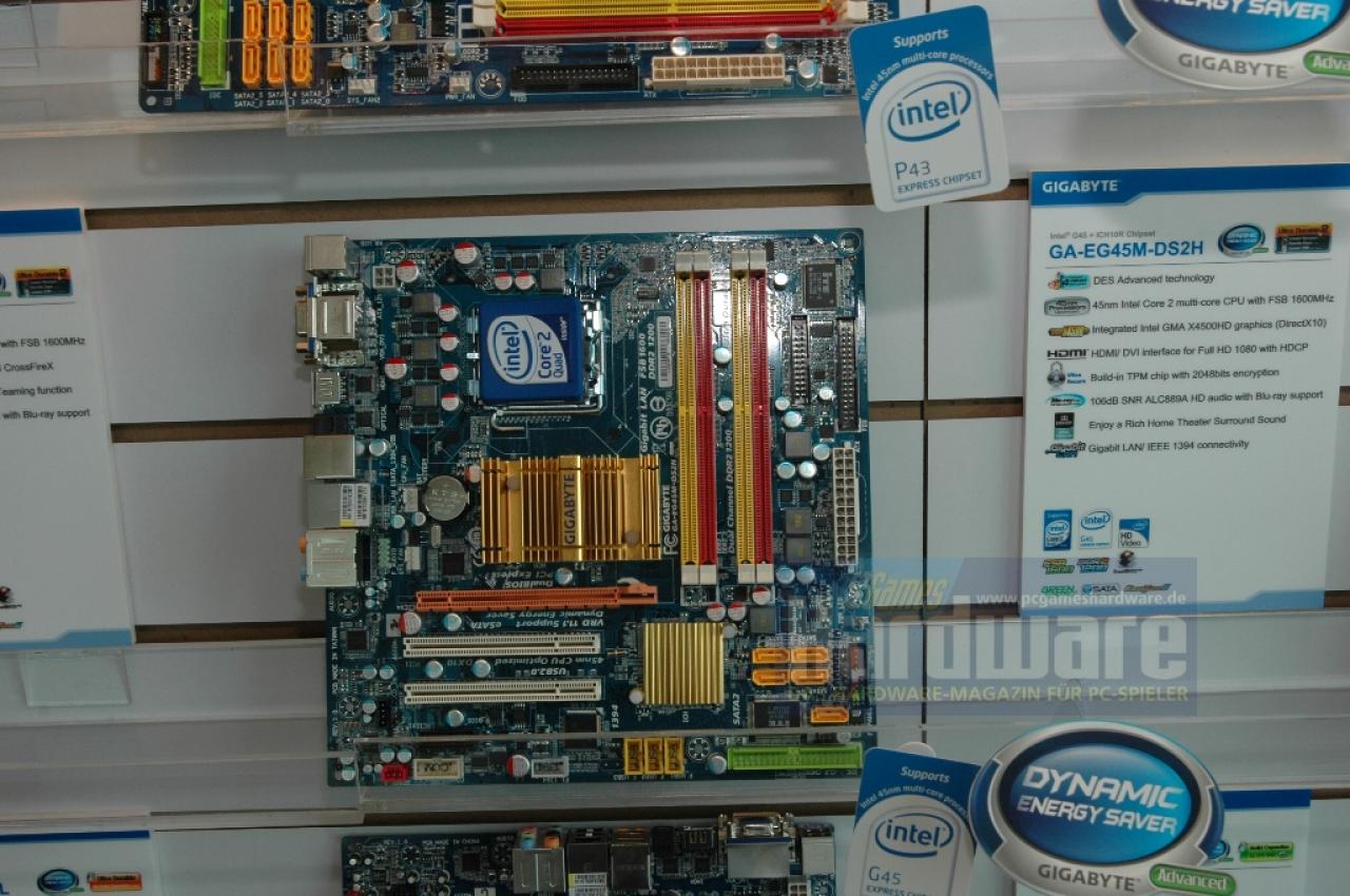 [08/06/2008] Gigabyte EG45M-DS2H: Platine im Micro-ATX-Format, interne Grafikeinheit in Form einer X4500HD von Intel (DX10), HDMI-Ausgang. TPM-Chip und DDR2