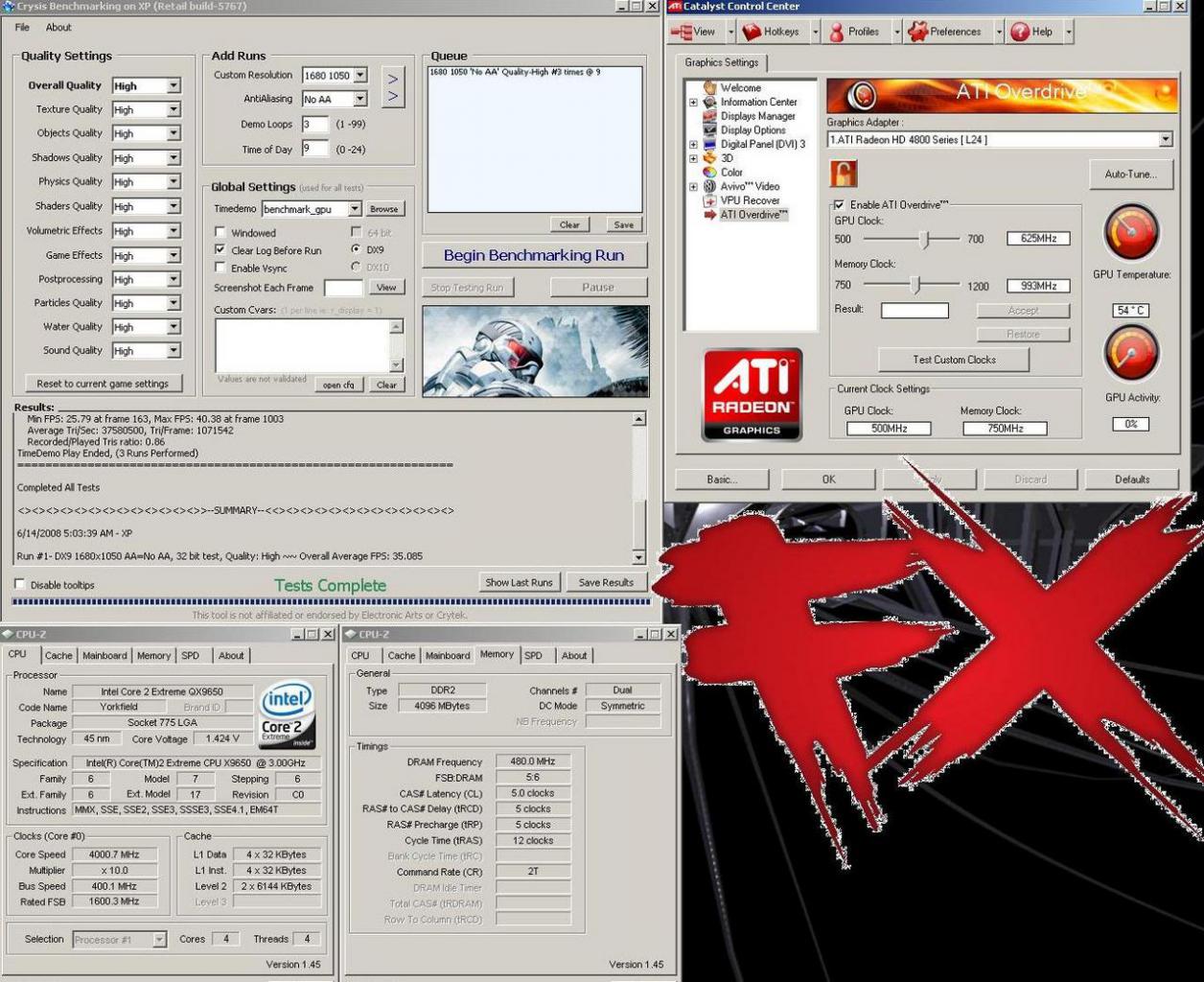 [14/06/2008] Crysis: 1.680x1.050, 0x AA, High-Settings, Radeon HD4850 @ Standard-Takt (Betriebssystem Windows XP mit SP3). (Bild: xtremesystems.org)