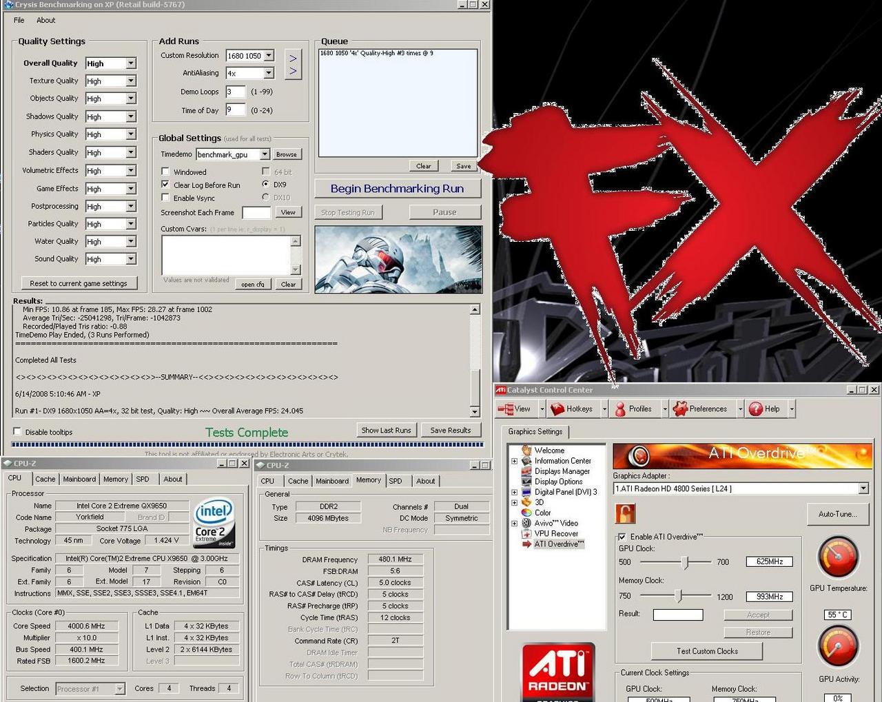 [14/06/2008] Crysis: 1.680x1.050, 4x AA, High-Settings, Radeon HD4850 @ Standard-Takt (Betriebssystem Windows XP mit SP3). (Bild: xtremesystems.org)