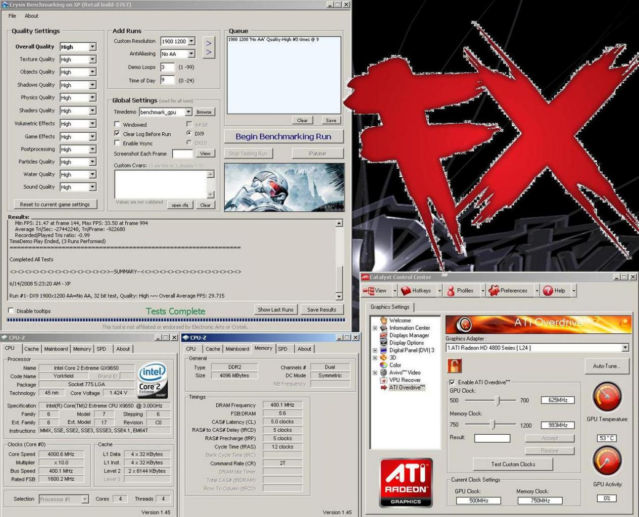 [14/06/2008] Crysis: 1.900x1.200, 0x AA, High-Settings, Radeon HD4850 @ Standard-Takt (Betriebssystem Windows XP mit SP3). (Bild: xtremesystems.org)