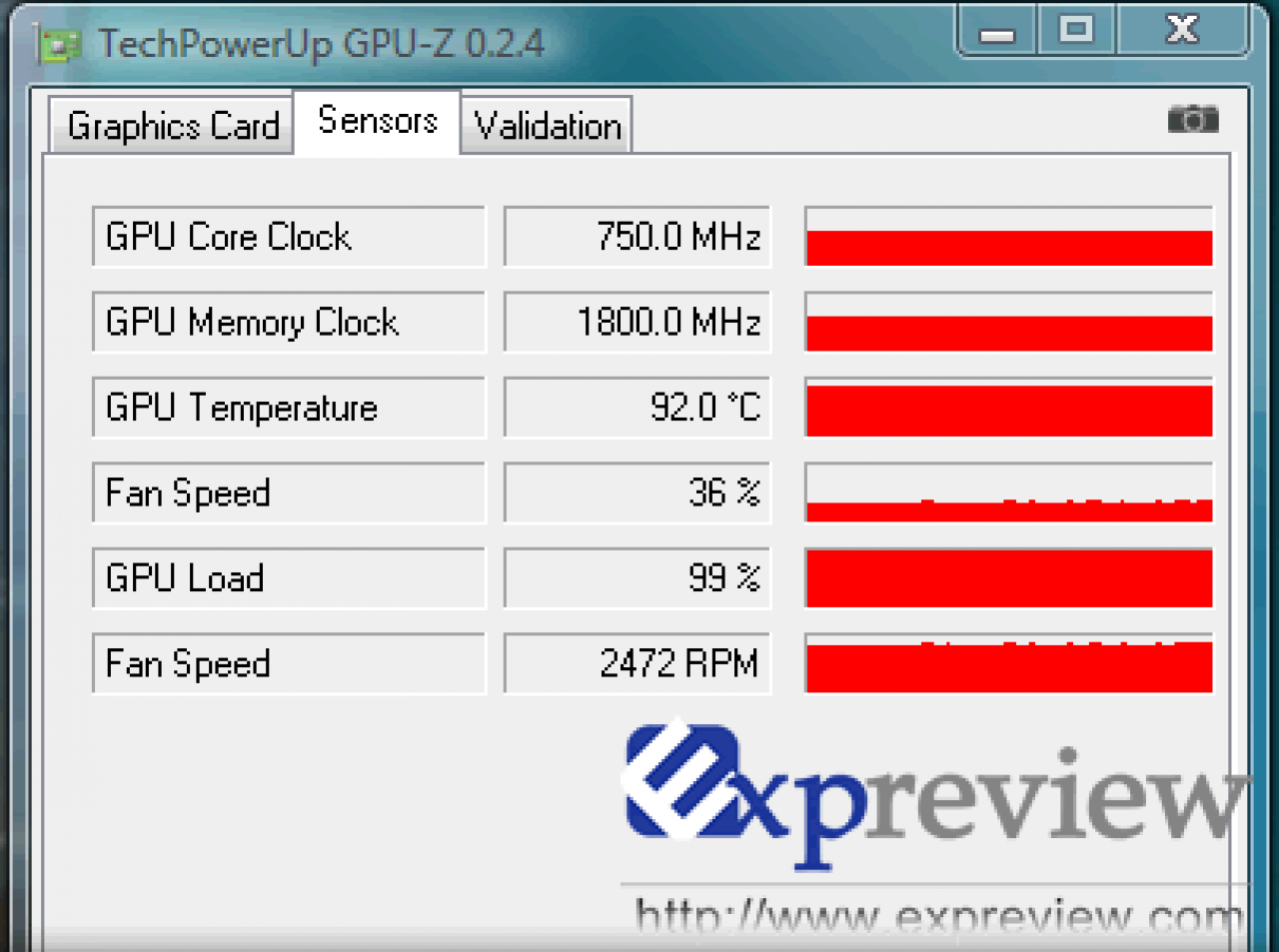 [24/06/2008] Unter Last erreicht die Radeon HD4870 eine Temperatur von 92 Grad Celsius (Bild: Expreview)
