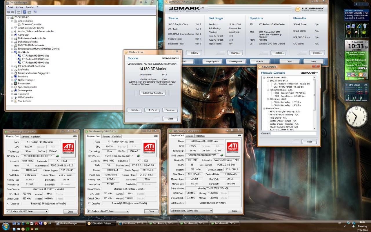 [19/06/2008] HD 4850 und HD3870 im Teamwork: 14.180 Punkte im 3D Mark 06 mit drei Grafikkarten im CrossfireX-Verbund. (Bild: forumdeluxx)