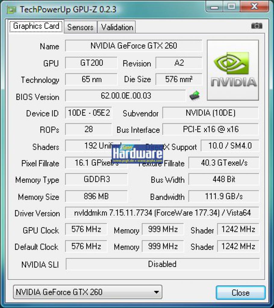 [16/06/2008] Geforce GTX260 im PCGH-Test: GPU-z gibt ab Version 0.2.3 Aufschluss über die internen Einheiten des Chips. (Bild: PCGH)