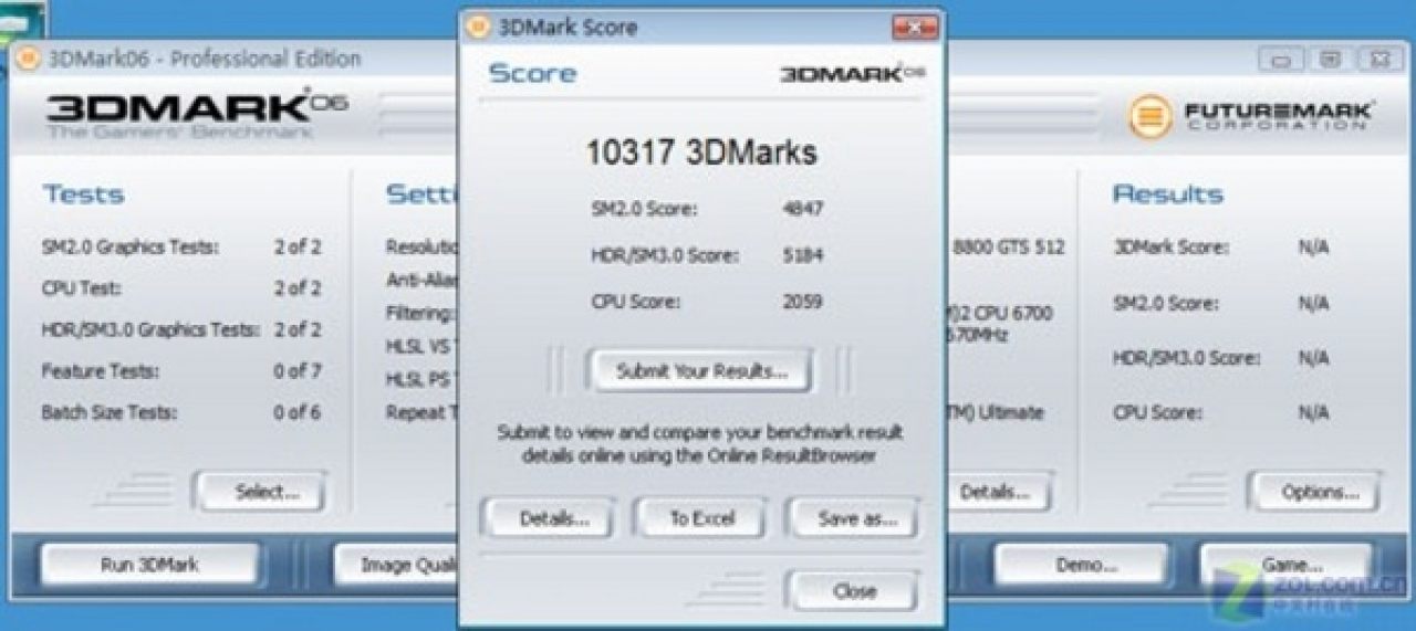 [03/06/2008] Galaxy 9600 GT: 3DMark06 mit einer GTS/512 (Bild: vga.zol.com.cn)