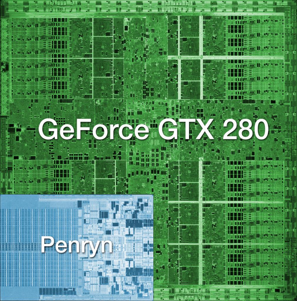 [15/06/2008] Geforce GTX280 im PCGH-Test: Die-Größenvergleich zu einem Intel-Penryn-Prozessor in 45-Nanometer-Fertigung (Bild: Nvidia)