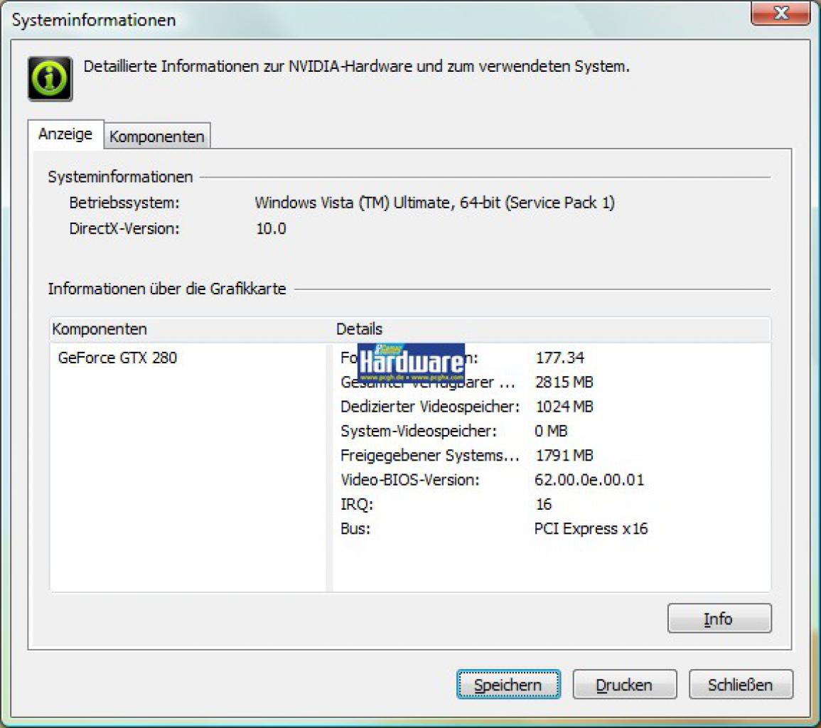 [15/06/2008] Geforce GTX280 im PCGH-Test: Die Systeminformationen des Geforce-Treibers (Bild: PCGH)