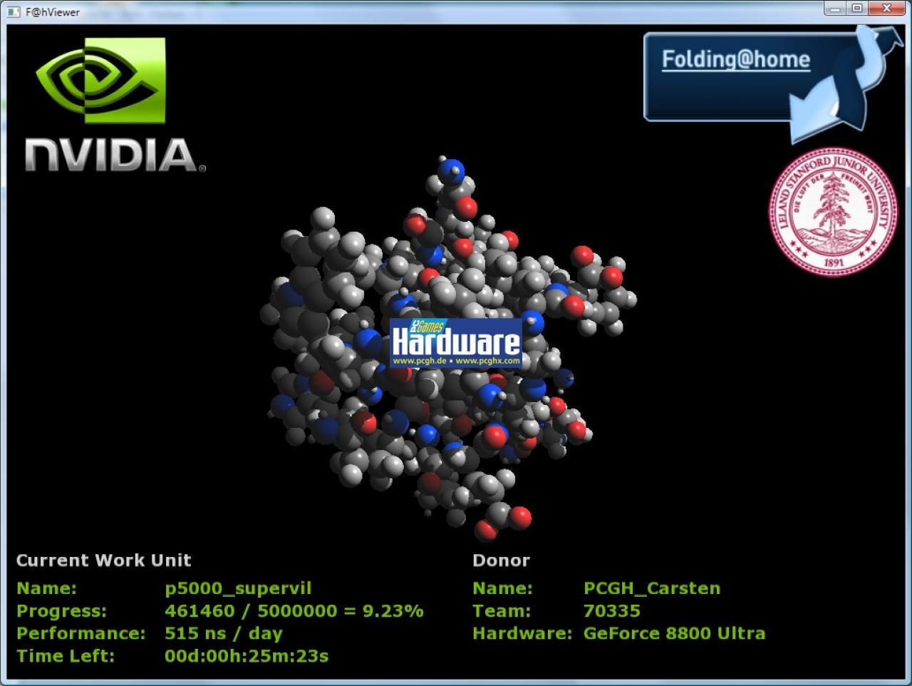 [15/06/2008] Geforce GTX280 im PCGH-Test: Folding at Home via CUDA. Funktioniert mit dem Geforce-Treiber 177.34 auch problemlos mit anderen Nvidia-GPUs, welche CUDA unterstützen (G80 und aufwärts) (Bild: PCGH)