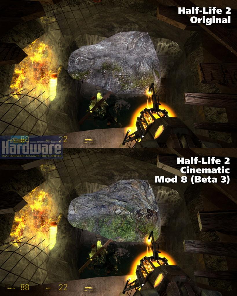 [08/06/2008] In unserer Bildergalerie vergleichen wir Half-Life 2 im Original mit dem Fakefactory Cinematic Mod 8 (Beta 3). Achten Sie auf die Unterschiede bei den Texturen.