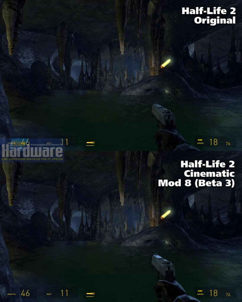 [08/06/2008] In unserer Bildergalerie vergleichen wir Half-Life 2 im Original mit dem Fakefactory Cinematic Mod 8 (Beta 3). Achten Sie auf die Unterschiede bei den Texturen.