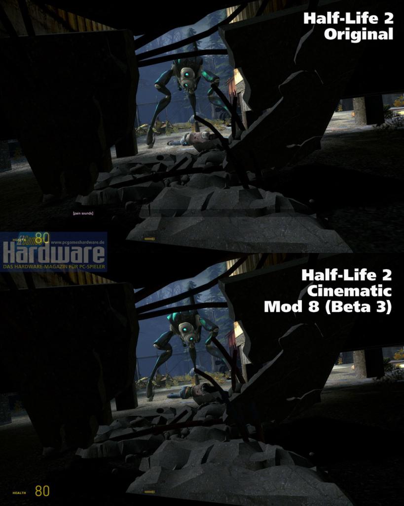 [08/06/2008] In unserer Bildergalerie vergleichen wir Half-Life 2 im Original mit dem Fakefactory Cinematic Mod 8 (Beta 3). Achten Sie auf die Unterschiede bei den Texturen.