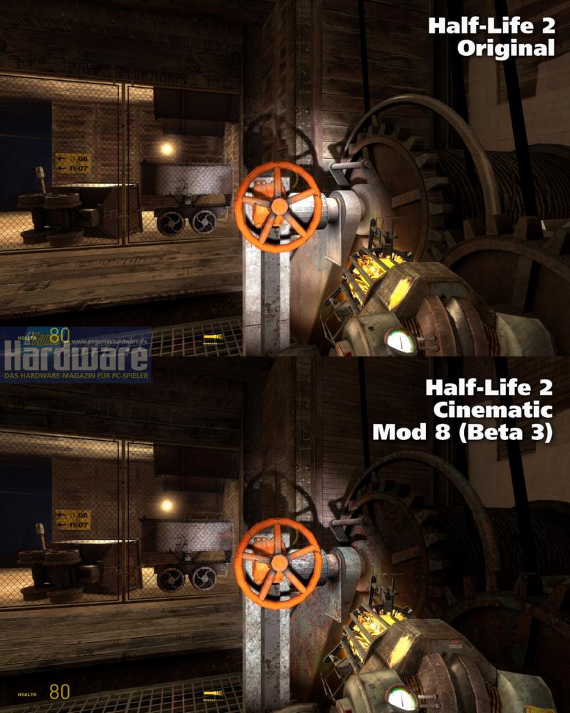[08/06/2008] In unserer Bildergalerie vergleichen wir Half-Life 2 im Original mit dem Fakefactory Cinematic Mod 8 (Beta 3). Achten Sie auf die Unterschiede bei den Texturen.