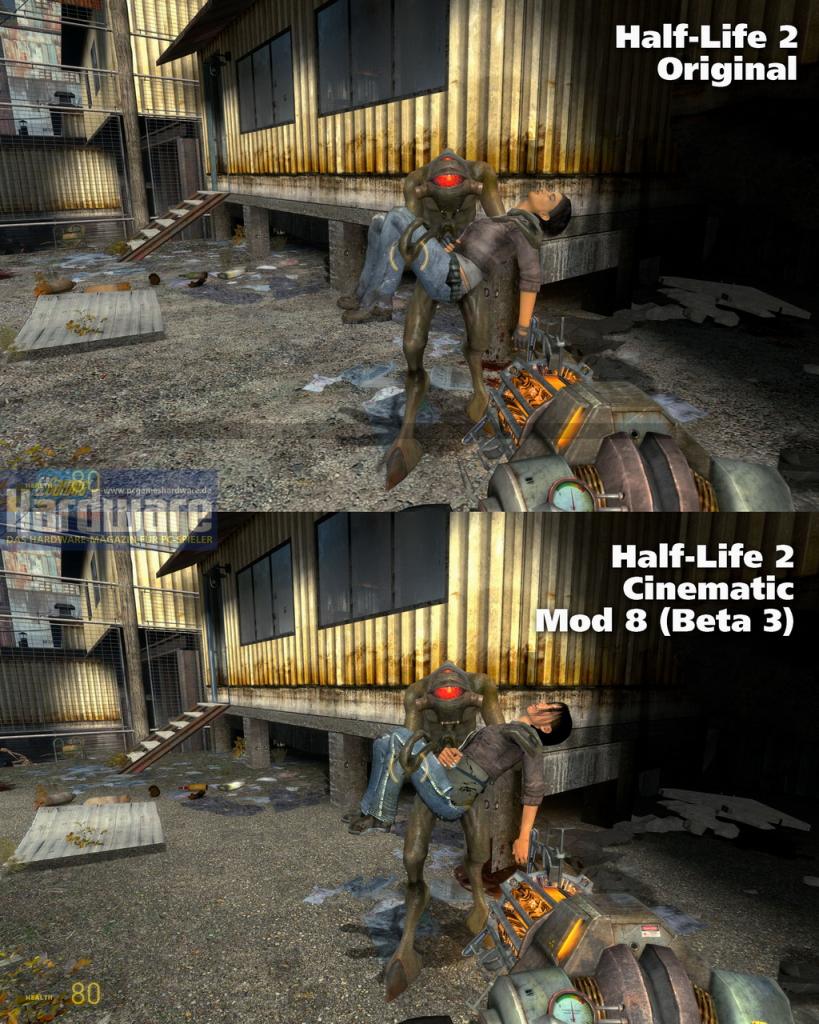 [08/06/2008] In unserer Bildergalerie vergleichen wir Half-Life 2 im Original mit dem Fakefactory Cinematic Mod 8 (Beta 3). Achten Sie auf die Unterschiede bei den Texturen.