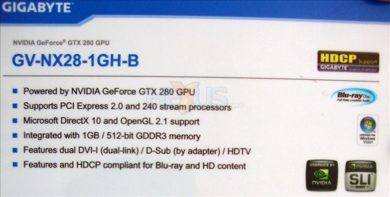 [03/06/2008] Die technischen Daten der Geforce GTX 280 von Gigabyte. (Bild: hexus.net)