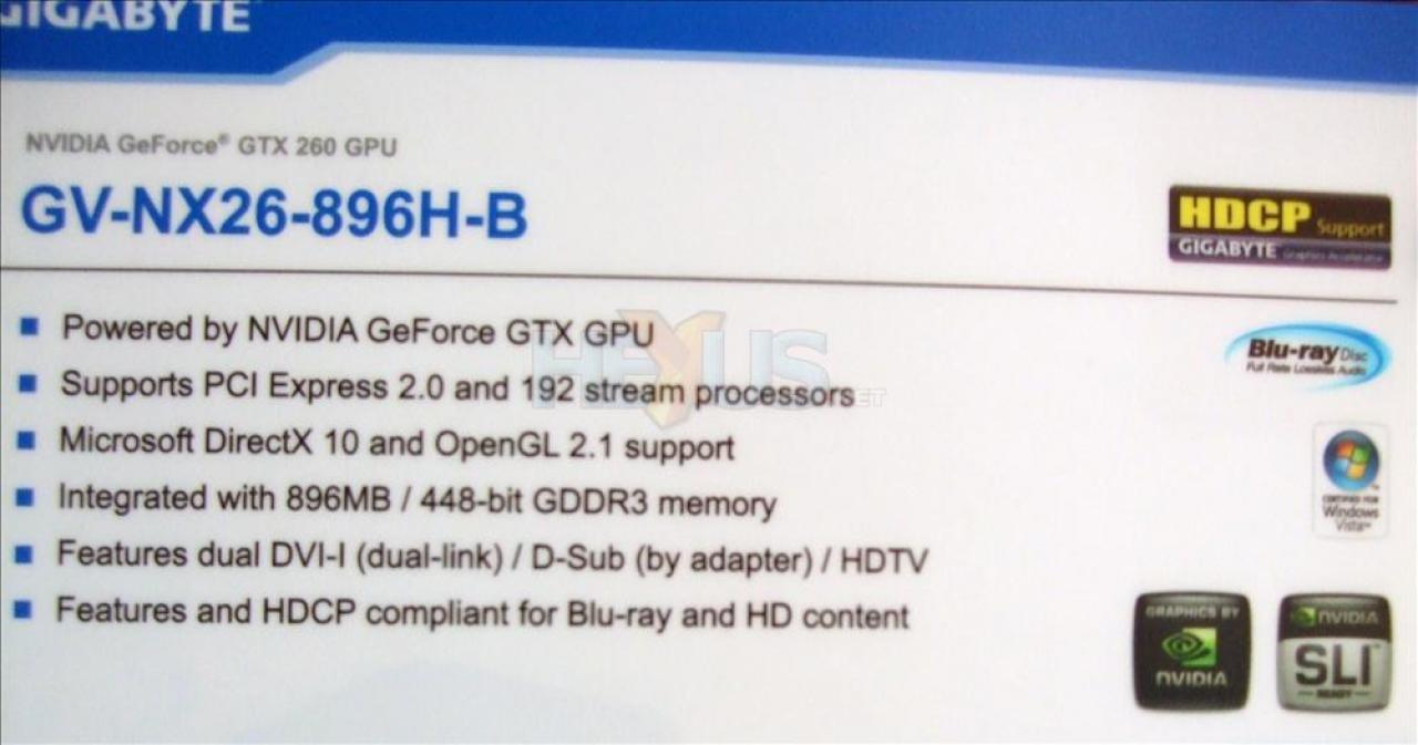 [03/06/2008] Die technischen Daten der Geforce GTX 260 von Gigabyte. (Bild: hexus.net)