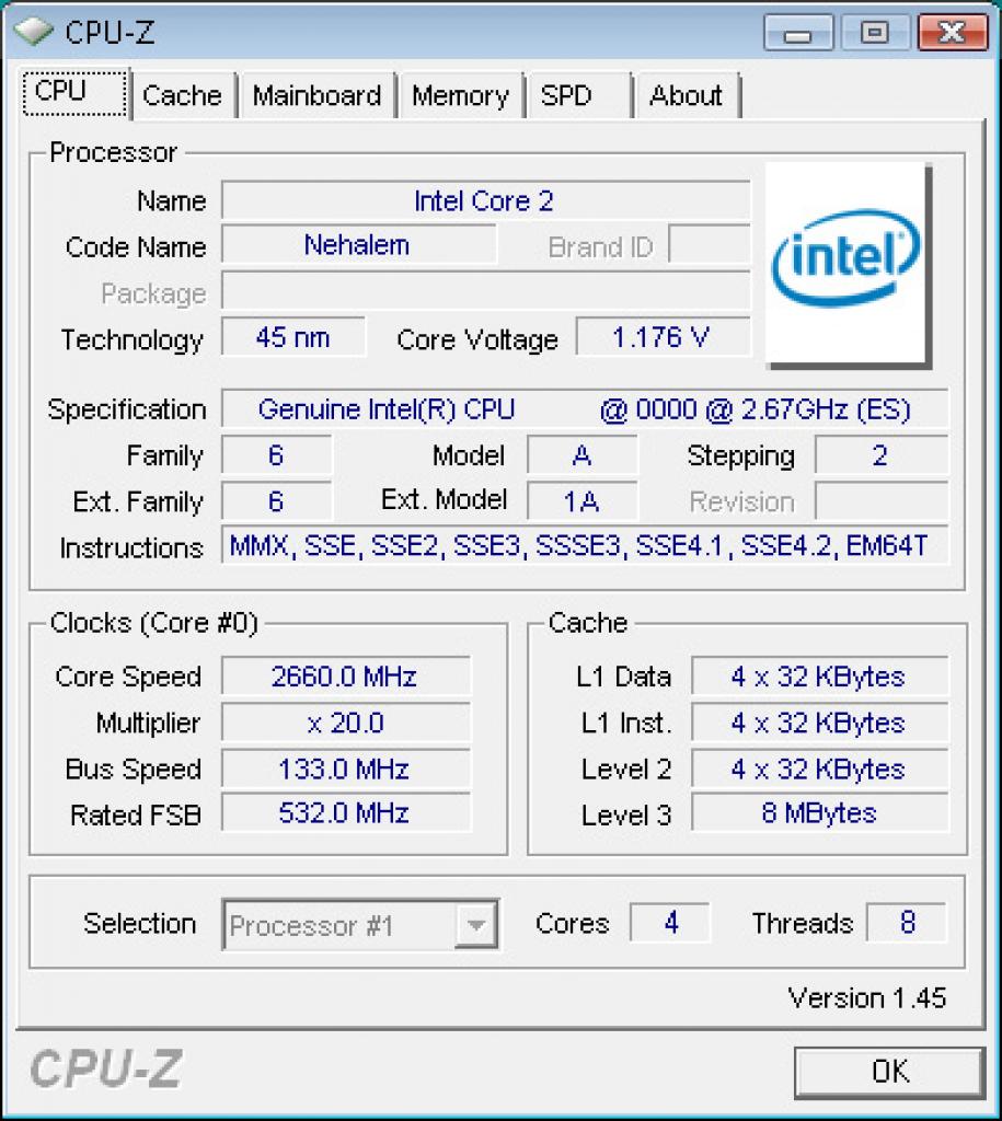 [05/06/2008] CPU-Z zeigt: Nehalem beherrscht acht Threads mit vier kernen. (Bild: Anantech.com)