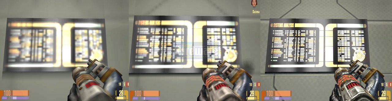 [03/06/2008] PCGH Wissen: „Star Trek Voyager Elite Force“ und Beschriftungen von links nach rechts „Texturqualität niedrig“, „Texturqualität mittel“ und „Texturqualität sehr hoch“ (Bild: PCGH)