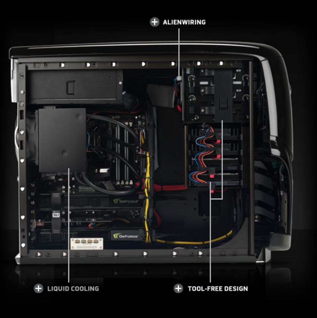 [17/06/2008] Der Area-51 ALX (hier mit zwei Geforce 9800 GX2 und einer Wasserkühlung versehen) lässt keine Wünsche offen. Optional bietet der Hersteller drei Geforce GTX 280 im SLI-Verbund an (Bild: Alienware)