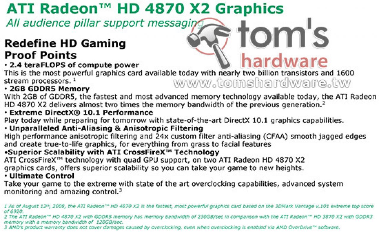 [11/07/2008] AMD Radeon HD 4870 X2: Präsentationsfolien mit Details zum neuen Flaggschiff von AMD. (Bild: Toms Hardware)