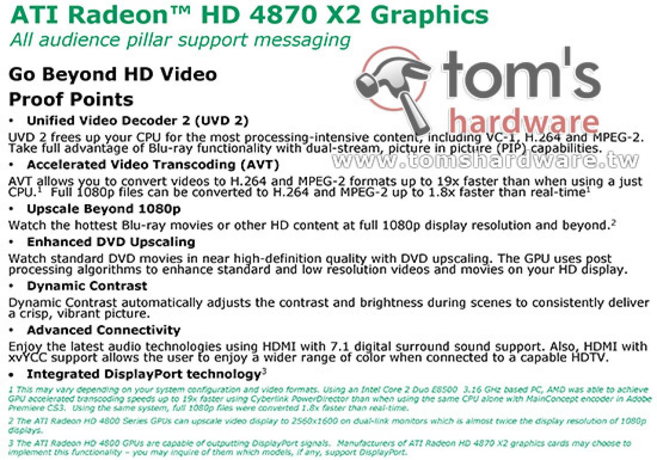 [11/07/2008] AMD Radeon HD 4870 X2: Präsentationsfolien mit Details zum neuen Flaggschiff von AMD. (Bild: Toms Hardware)