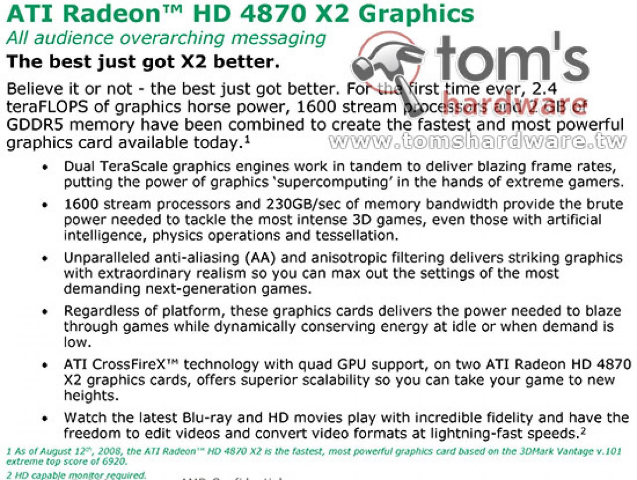 [11/07/2008] AMD Radeon HD 4870 X2: Präsentationsfolien mit Details zum neuen Flaggschiff von AMD. (Bild: Toms Hardware)