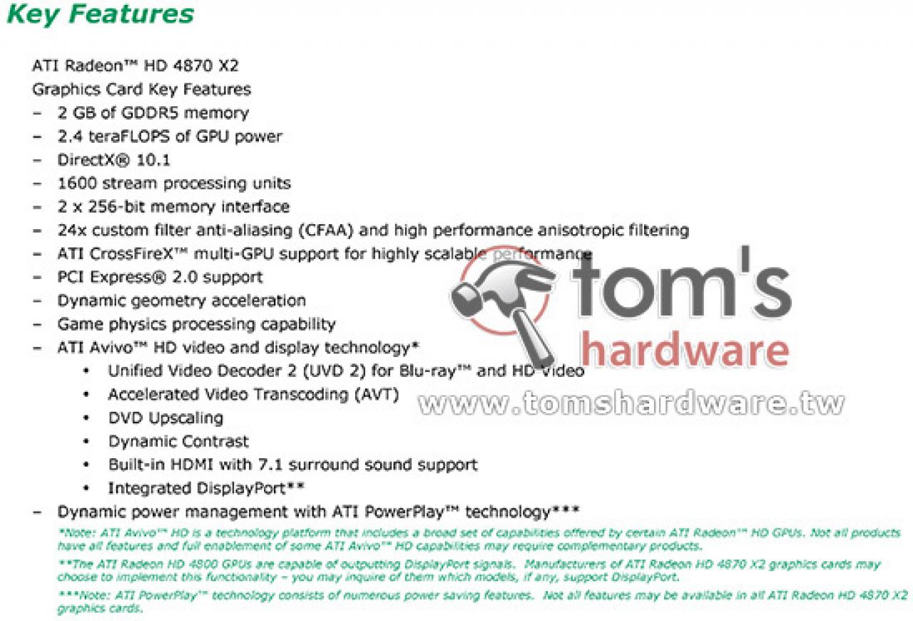 [11/07/2008] AMD Radeon HD 4870 X2: Präsentationsfolien mit Details zum neuen Flaggschiff von AMD. (Bild: Toms Hardware)