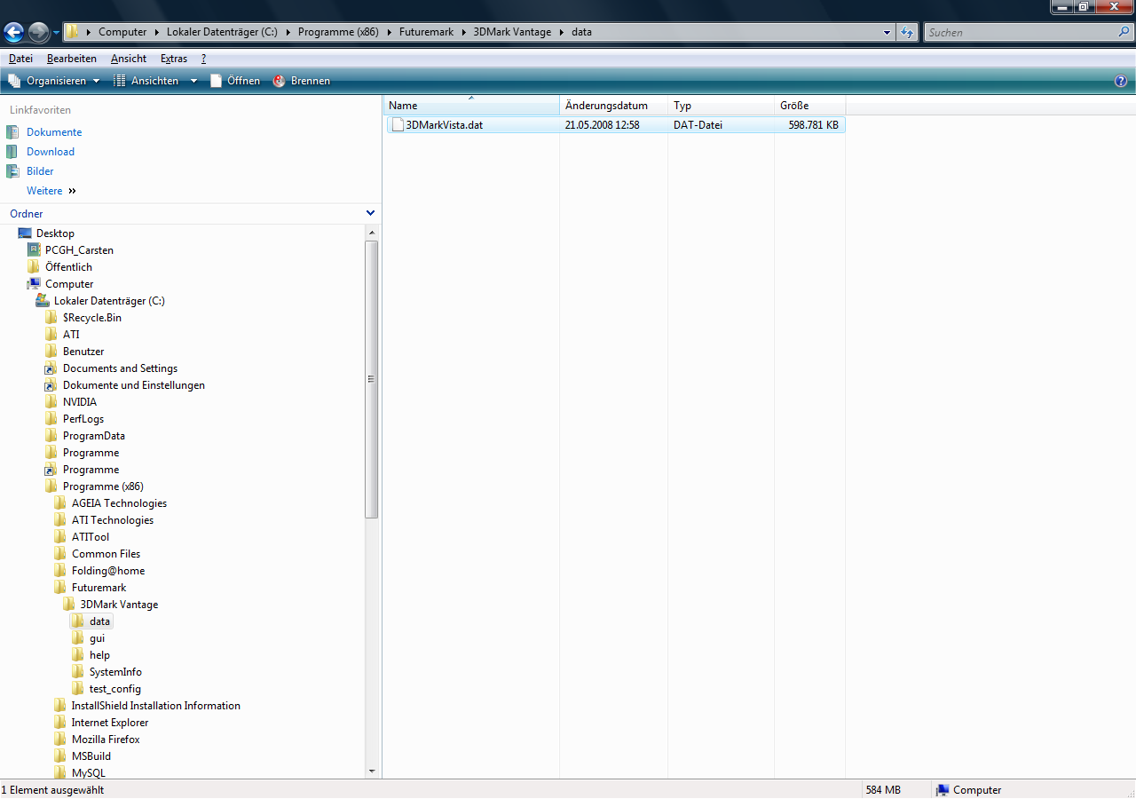 [10/07/2008] Das Datenfile des 3DMark Vantage nach der Nvidia-PhysX-Installation - keine Veränderungen an der Datei.