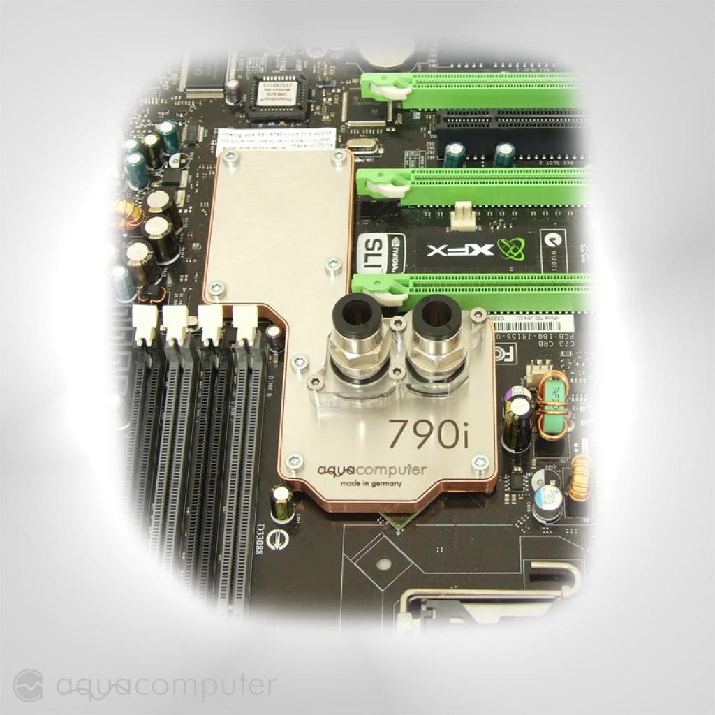 [15/07/2008] Aqua-Computer stellt einen neuen Kühler für Mainboards mit Nvidias 790i-Chipsatz und Referenzdesign vor. (Bild: Aqua Computer)
