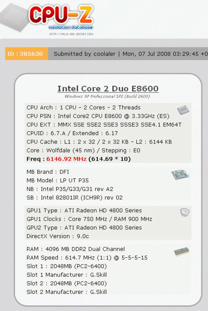 [08/07/2008] Offizieller Eintrag in der CPU-Z-Validation-Base. (Bild: coolaler.com)